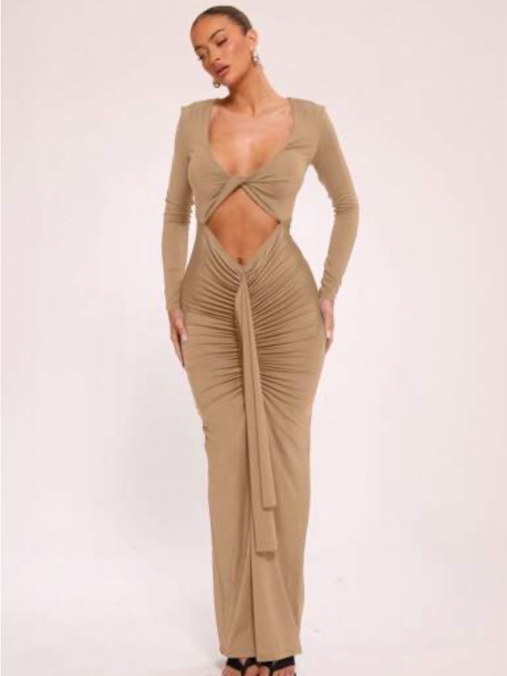 Musera Chic Tan Long Sleeve Ruched Dress size S